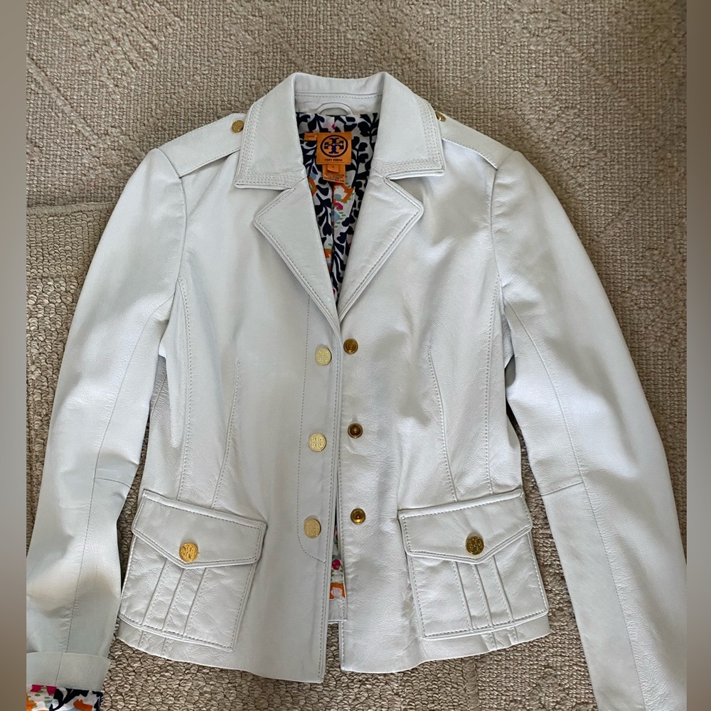 Tory Burch White Leather Jacket with Floral Lining